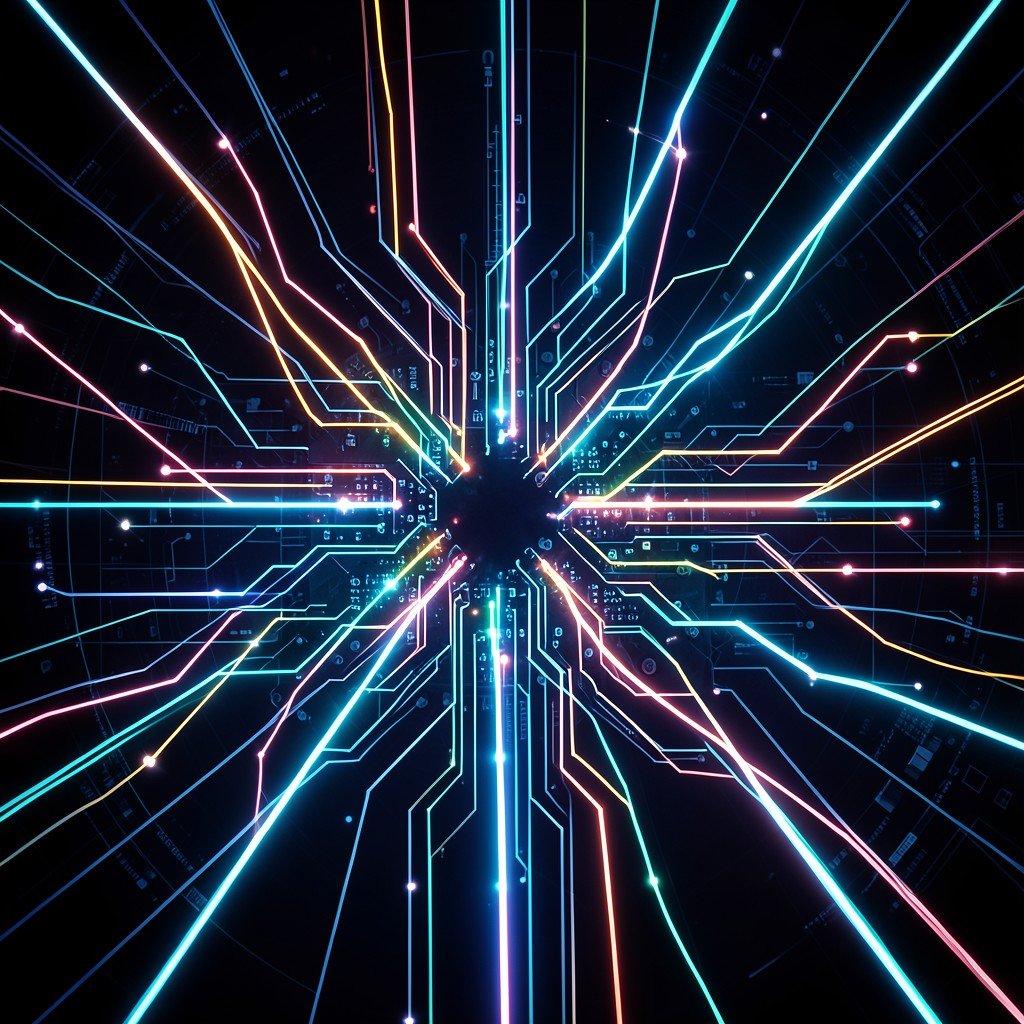 Abstract representation of neural network processing on computer chip, glowing light paths, futuristic technology background, high contrast, clean infographic style, aspect ratio 4:3, no text.