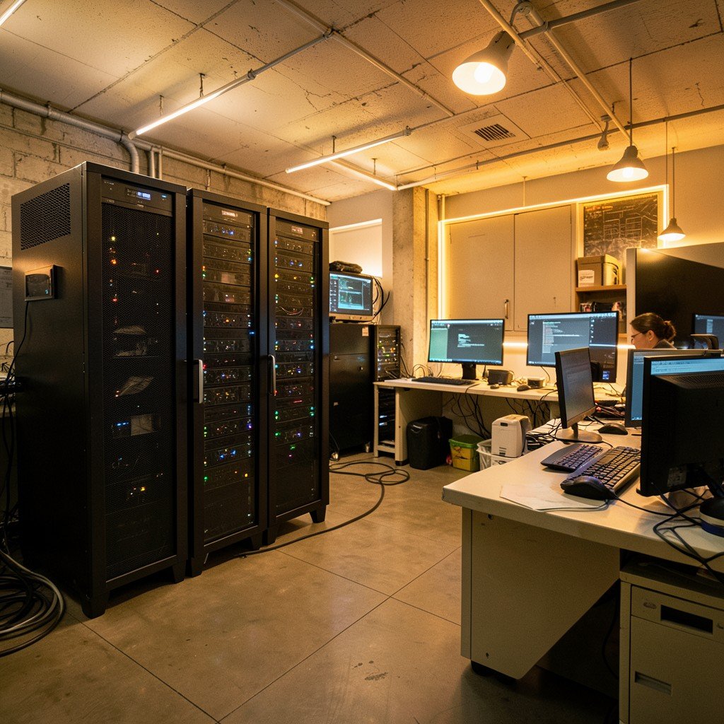 Silicon Valley research lab with servers and developer workstations, warm ambient lighting, realistic tech workplace, aspect ratio 4:3, no text.
