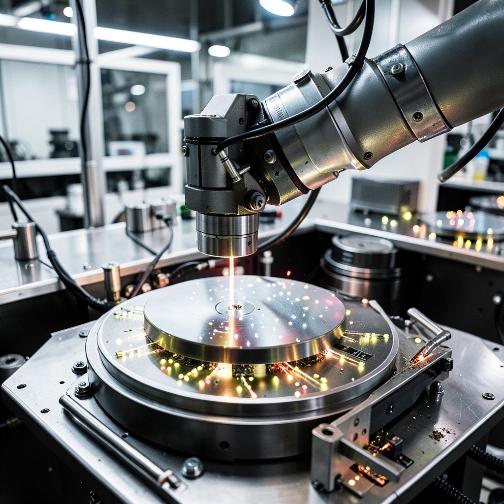 Precision semiconductor manufacturing process, cleanroom robotic arm assembling silicon wafers with glowing parts, high contrast, detailed composition, aspect ratio 4:3, no text.
