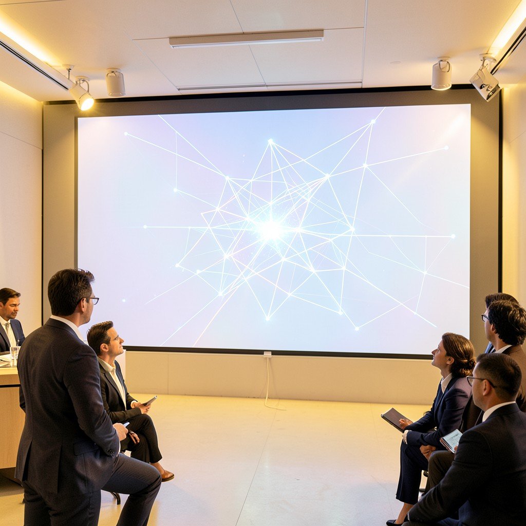 Modern corporate investor presentation hall with a large clean digital screen showing abstract digital network design, bright warm lighting, professional lifestyle photography, aspect ratio 4:3, no text.