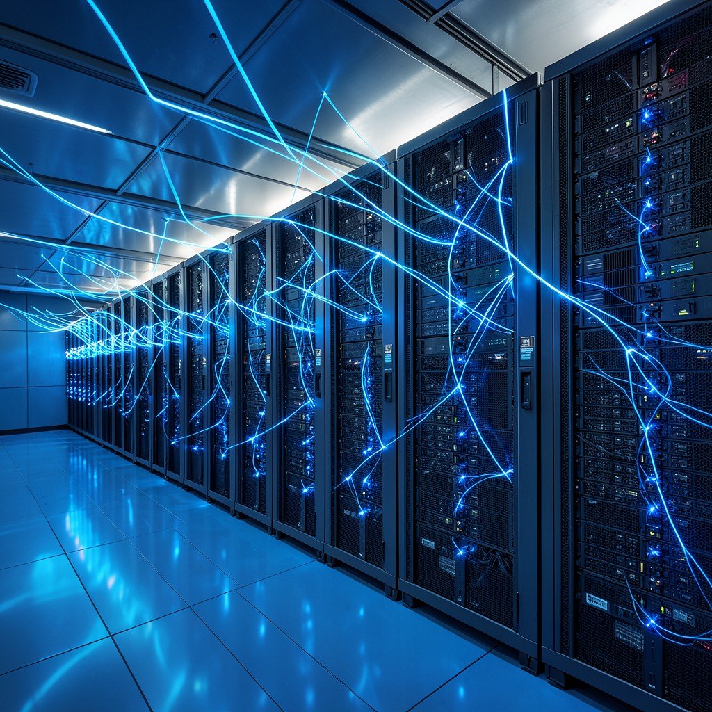Modern data center rows with server racks and blue fiber optic lights, futuristic technological atmosphere, high resolution, 4:3 aspect ratio.