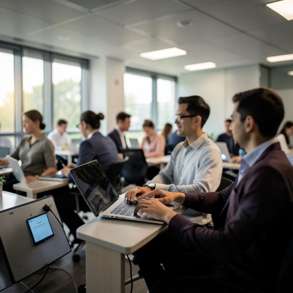A professional office environment with blurred motion of people working on laptops, focus on collaborative atmosphere, cinematic lighting, photorealistic, 4:3