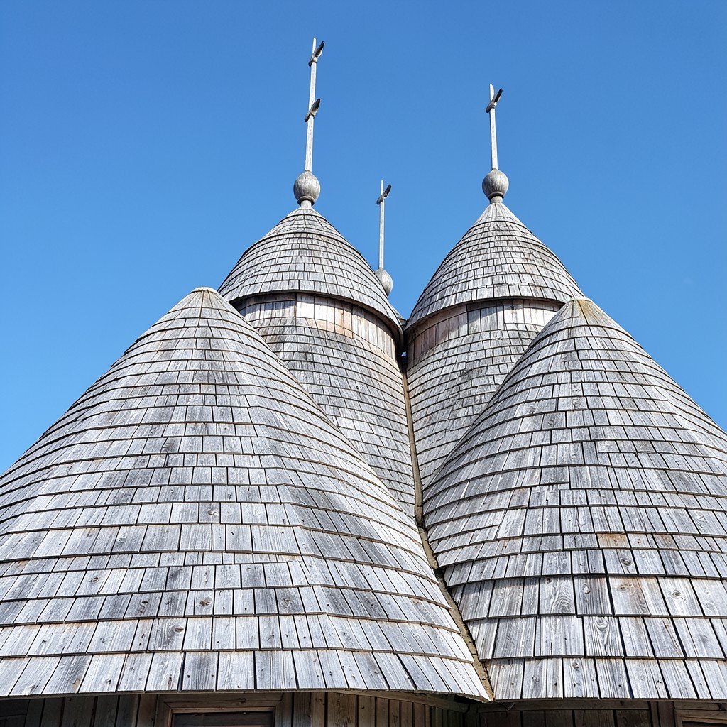 Close up of the 22 domes of the Church of Transfiguration at Kizhi Pogost, wooden shingles detail, silver colored aspen wood, clear blue sky background, architectural detail, aspect ratio 4:3