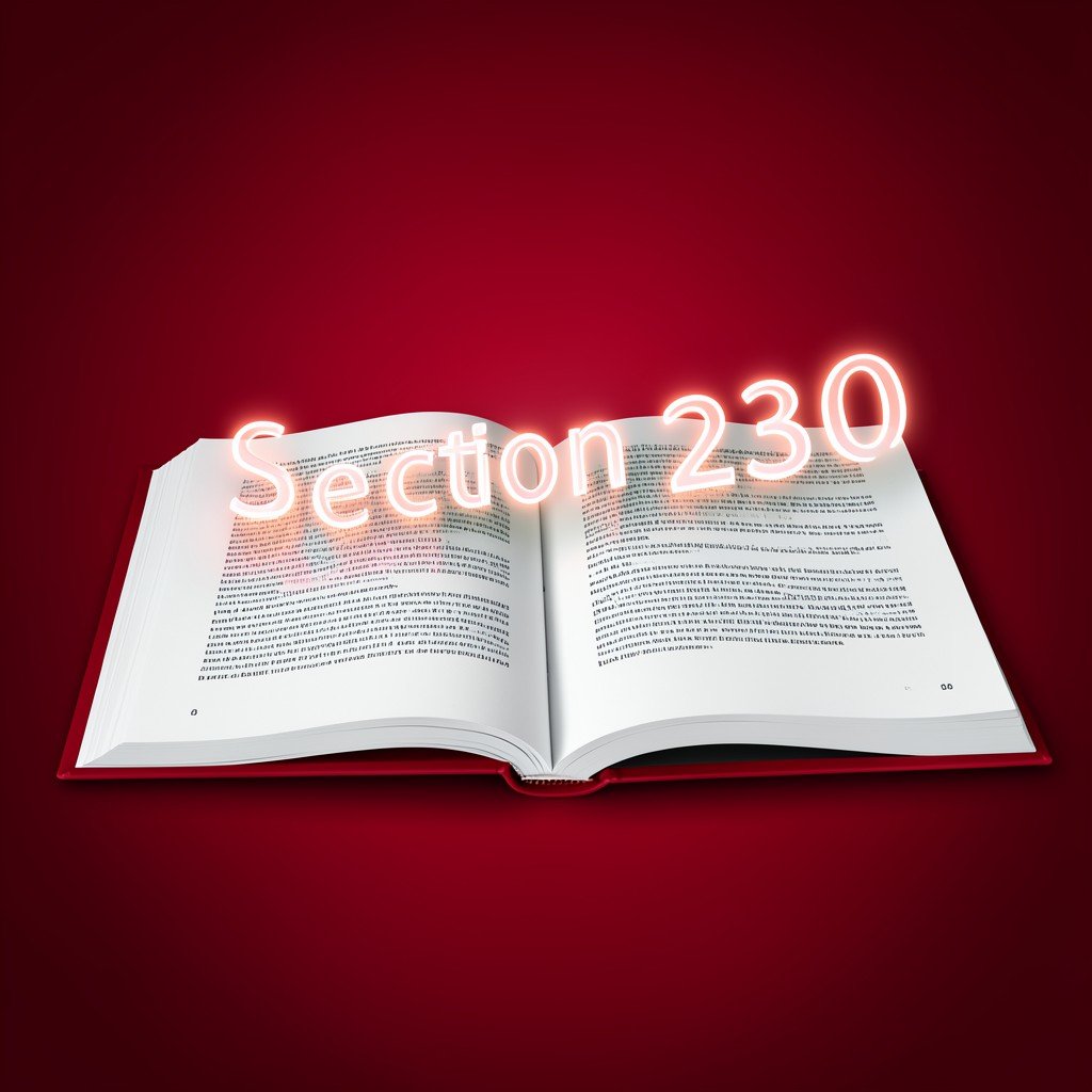 An open law book with a glowing Section 230 text fading out, modern infographic style, deep red gradient background, clean layout, 1:1 aspect ratio