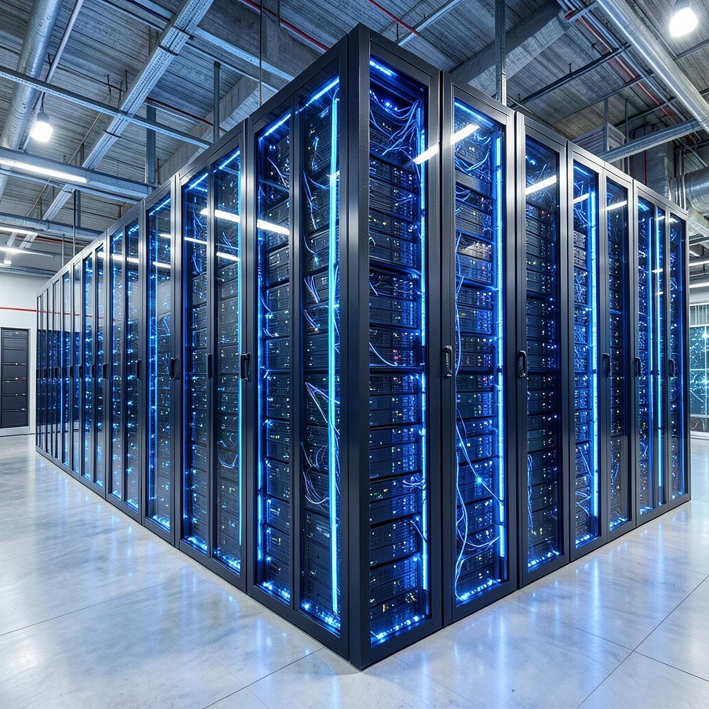 Massive futuristic data center facility with rows of servers and glowing blue lights representing immense computing power and AI infrastructure, modern industrial photography style, balanced bright lighting, 1:1