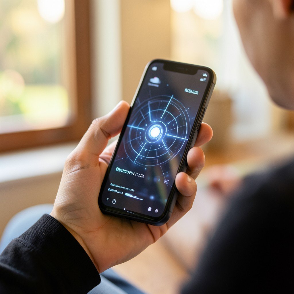 A person holding a modern smartphone with a subtle glowing AI interface, natural lighting, lifestyle photography, warm tones, aspect ratio 4:3