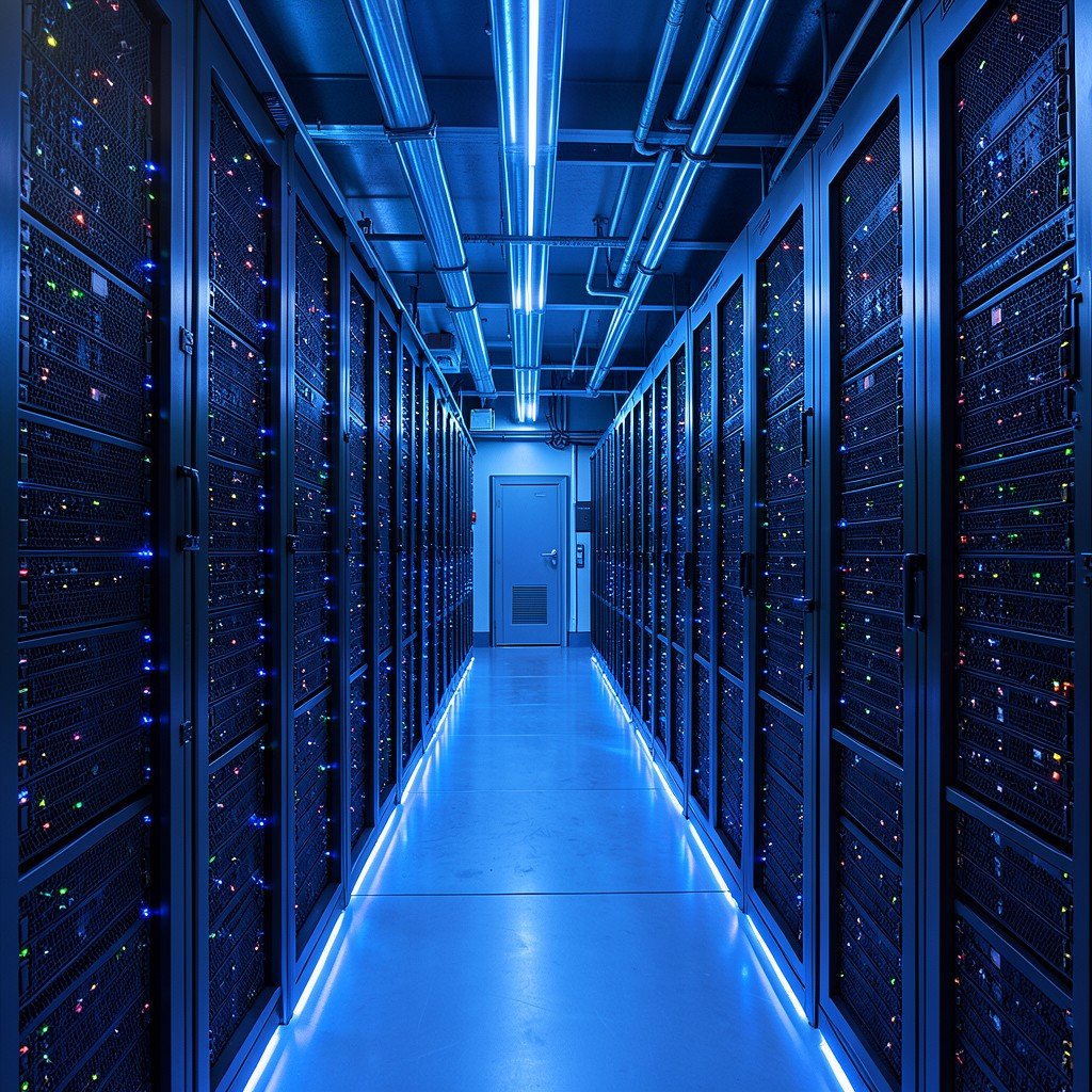 Massive AI data center interior with rows of glowing servers, blue LED lights, futuristic infrastructure, 4:3
