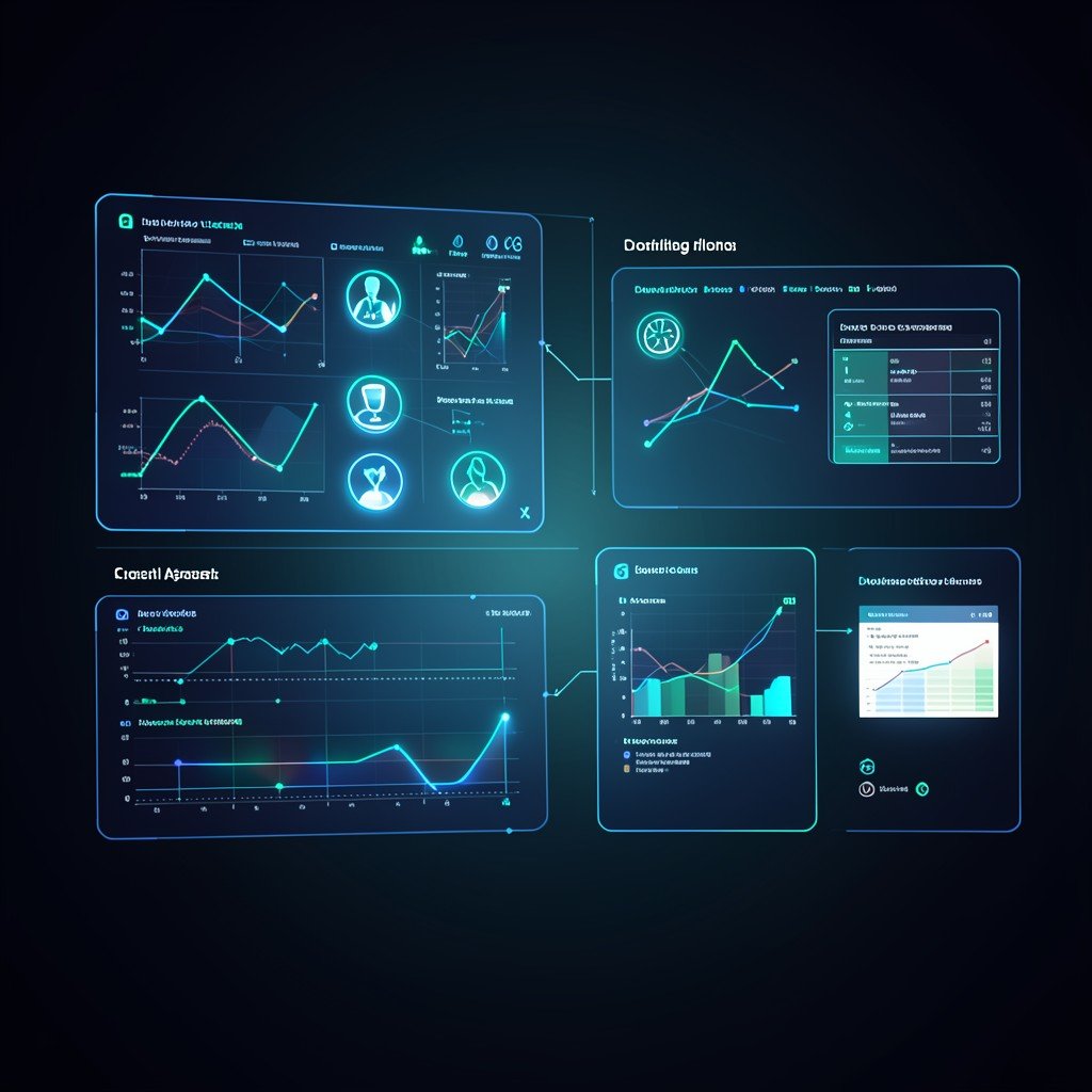 Holographic interface analyzing medical data streams with glowing icons, digital health records visualization, clean modern layout, dark gradient background, aspect ratio 1:1