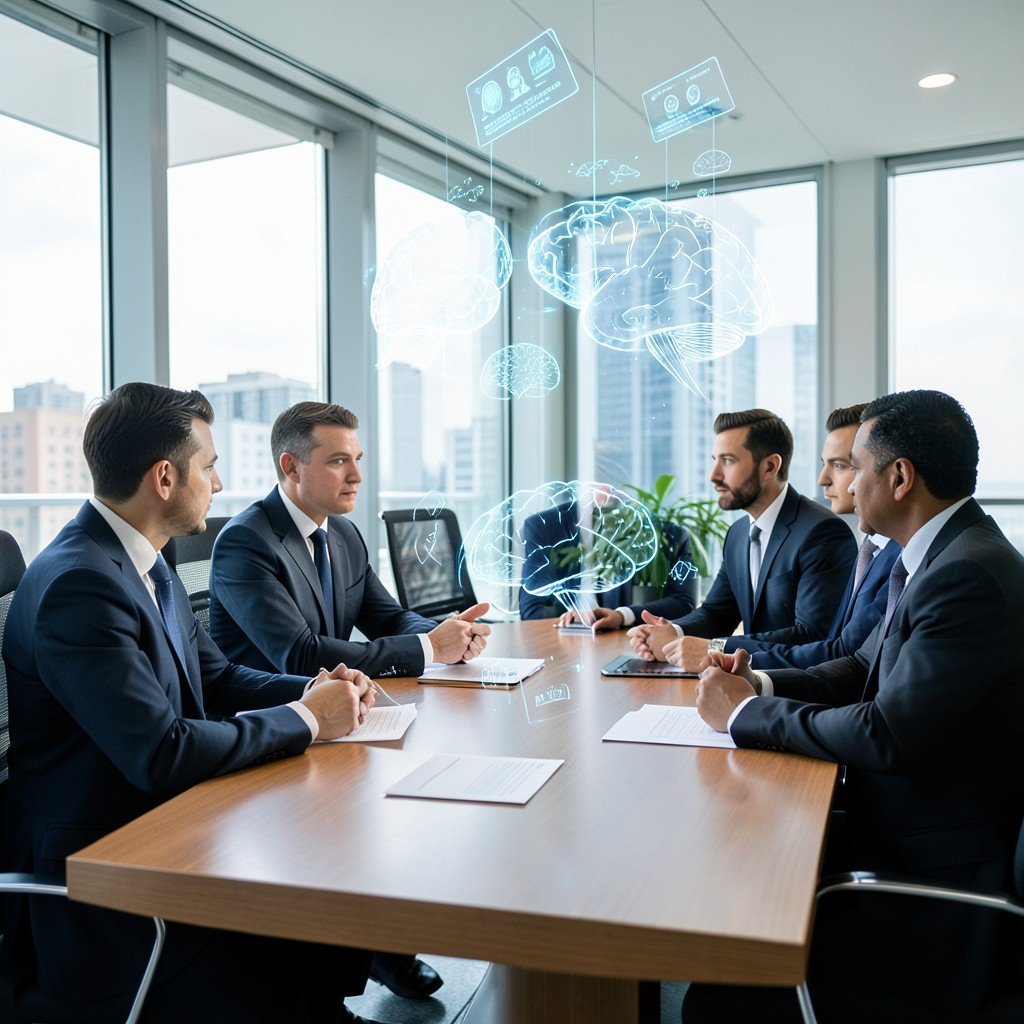 Business professionals having a serious strategic meeting around a modern conference table with holographic AI brain illustrations floating above, corporate boardroom, natural lighting, aspect ratio 4:3