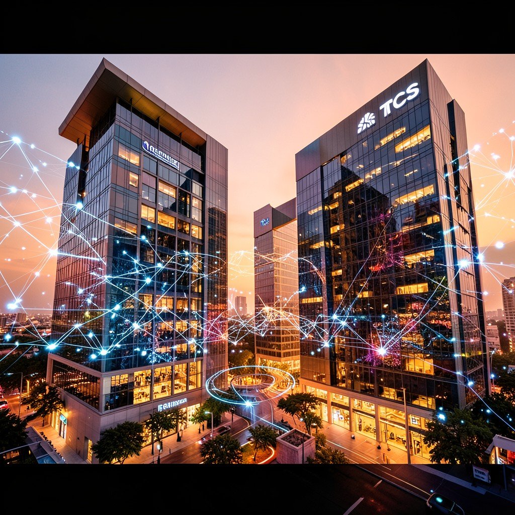 Modern Indian corporate buildings representing Reliance and TCS, glowing AI network nodes, vibrant warm lighting, aspect ratio 4:3