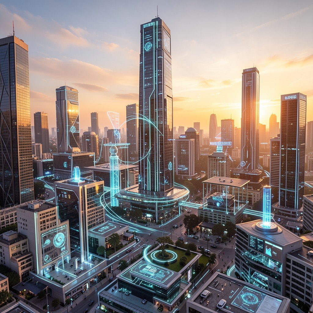 Futuristic Indian cityscape with glowing digital AI infrastructure elements, modern tech development, warm sunset lighting, aspect ratio 1:1