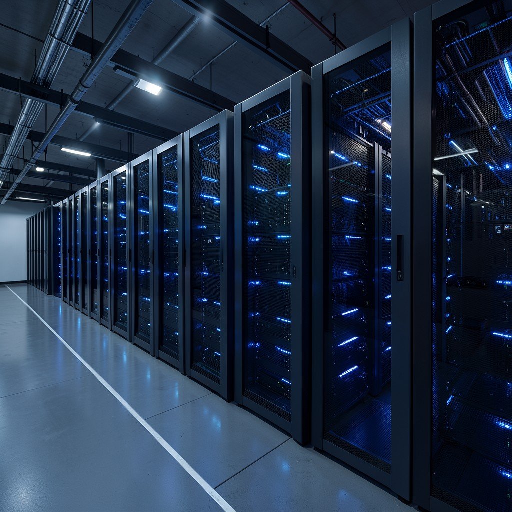 Rows of high-tech servers with glowing blue lights in a modern data center, clean futuristic infrastructure, dark ambient lighting, aspect ratio 1:1