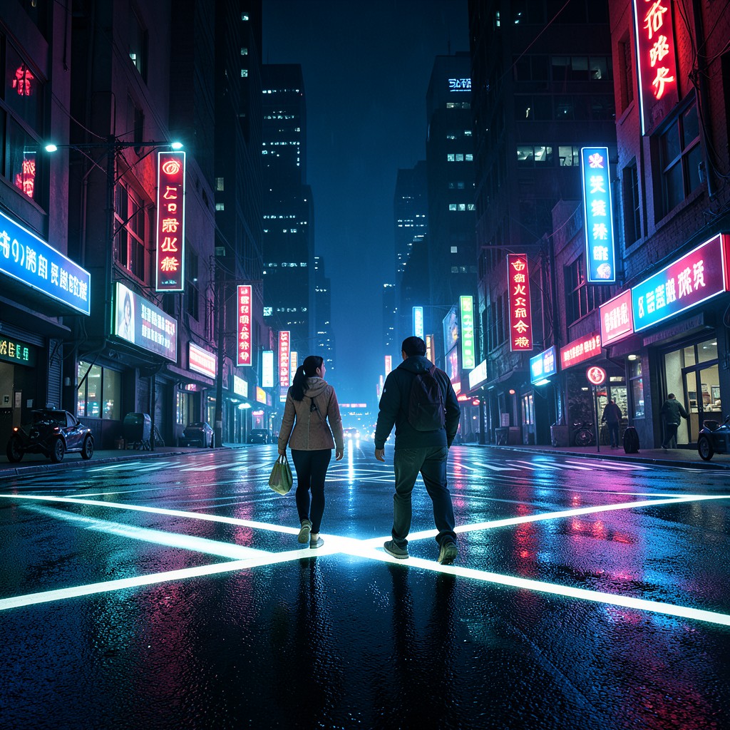 Two people walking on a glowing crossroads in a dark futuristic city, searching for direction with bright neon lights in the background, cinematic lighting, no text, 1:1