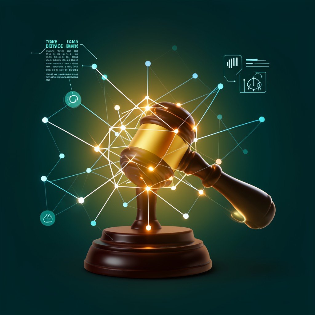 A conceptual image of AI neural network intersecting with a judge's gavel, warm lighting, modern infographic style, dark teal background, 1:1 aspect ratio