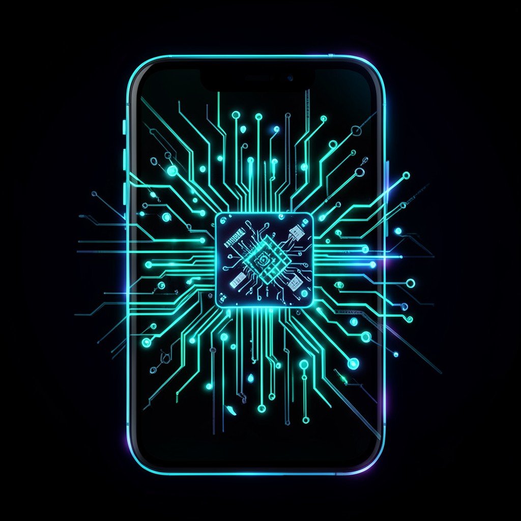 A smartphone chip with glowing neural processing circuits, representing on-device AI computation, no text, dark background with neon accents, aspect ratio 1:1