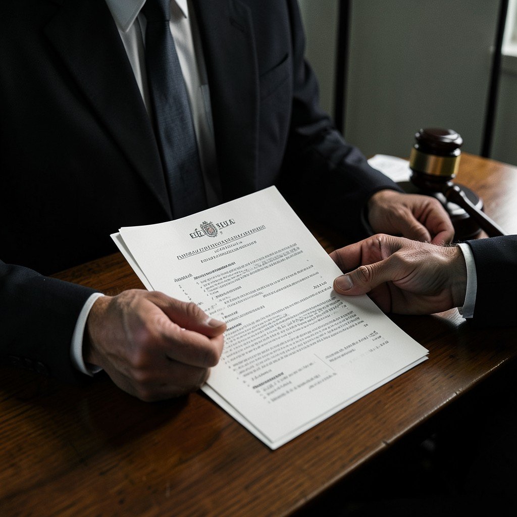 Lawyer hands holding official legal documents on a desk, gavel in background, serious atmosphere, 4:3