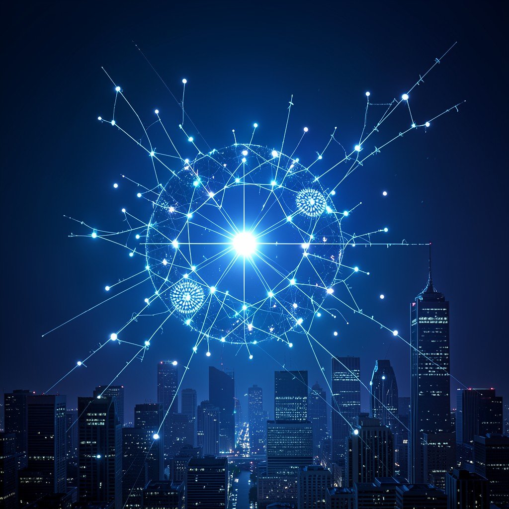 Futuristic AI concept with glowing neural network nodes and city skyline, dark blue gradient background, 4:3