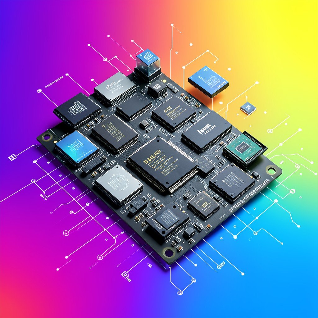Diverse computer chips including GPUs and custom AI processors arranged on a high-tech motherboard, representing a diversifying semiconductor market, modern clean infographic style, vibrant colored background, 1:1