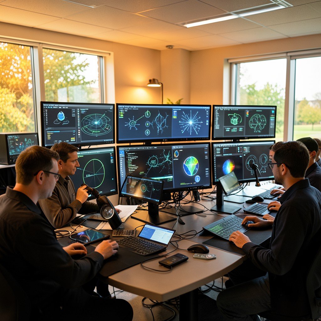 Modern cybersecurity operations center with multiple screens showing defense protocols, professionals collaborating, warm lighting, natural setting, aspect ratio 4:3