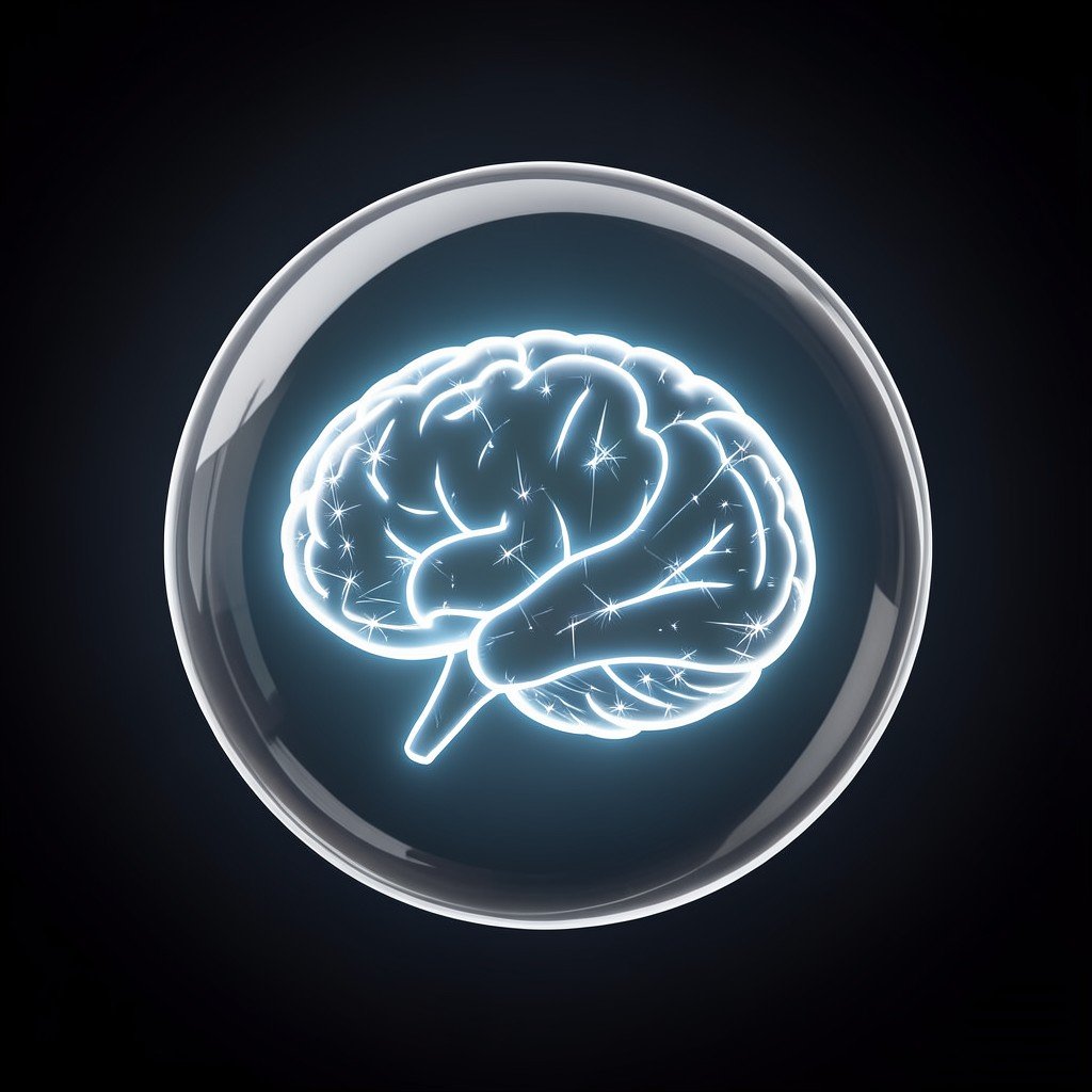 A symbolic representation of a glowing AI brain protected by a transparent shield, dark gradient background, high contrast, aspect ratio 1:1