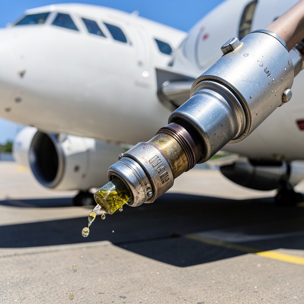 A close-up of a heavy duty fuel nozzle pumping fuel into a modern airplane on a sunny tarmac, realistic depth of field, high contrast, aspect ratio 4:3. NO KOREAN TEXT.
