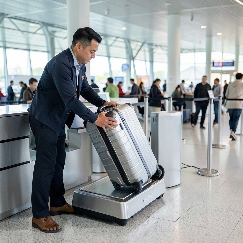 A clean modern airport check-in counter, a traveler placing a large silver suitcase onto a luggage scale, realistic details, blurred busy airport background, aspect ratio 4:3. NO KOREAN TEXT.