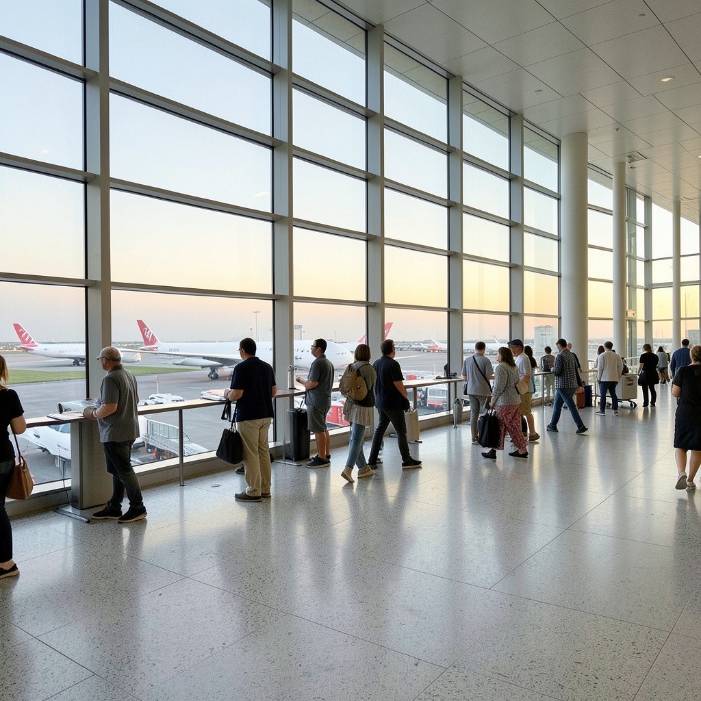 Travelers waiting in a bright, spacious modern airport terminal with large windows showing parked airplanes under a soft evening sun, natural lifestyle photography, aspect ratio 4:3. NO KOREAN TEXT.