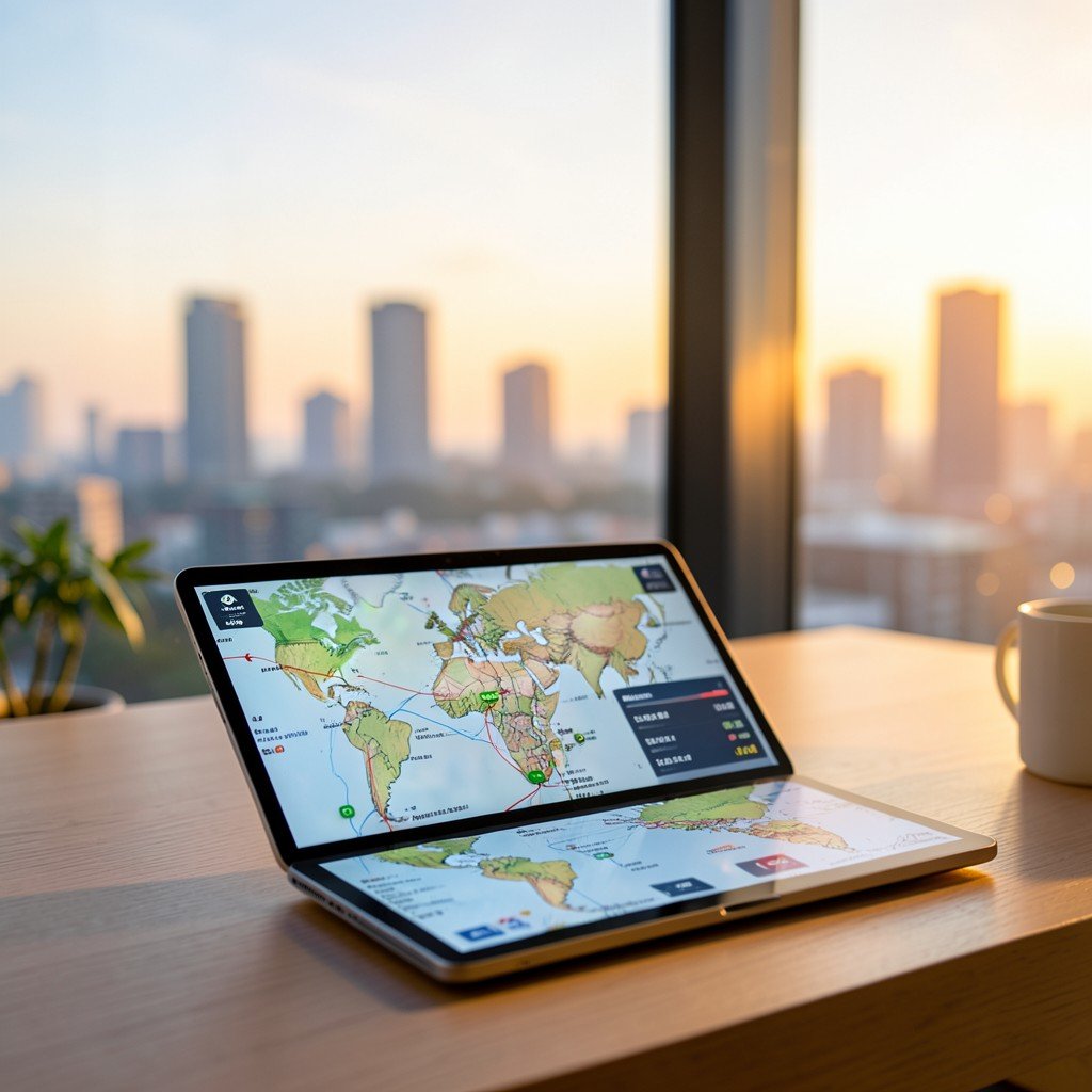 An office desk with a modern tablet displaying a global shipping logistics map and financial margin calculators. Background shows a blurred modern office in Hangzhou with warm sunset light coming through the window. Natural lifestyle photography, 4:3