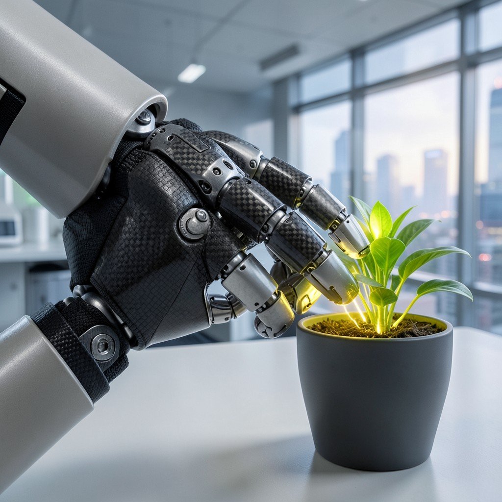A close-up of a high-tech robotic hand with carbon fiber joints interacting gently with a small glowing plant pot. High-tech laboratory environment in Beijing, soft volumetric lighting, scientific focus, textured clean background, 4:3