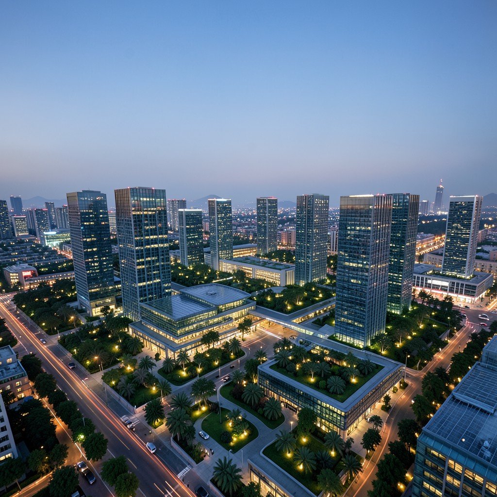 An aerial view of a clean modern tech park in Beijing during dusk with glowing glass buildings and illuminated gardens. Minimalist architectural rendering, cinematic wide shot, clean sky, 4:3