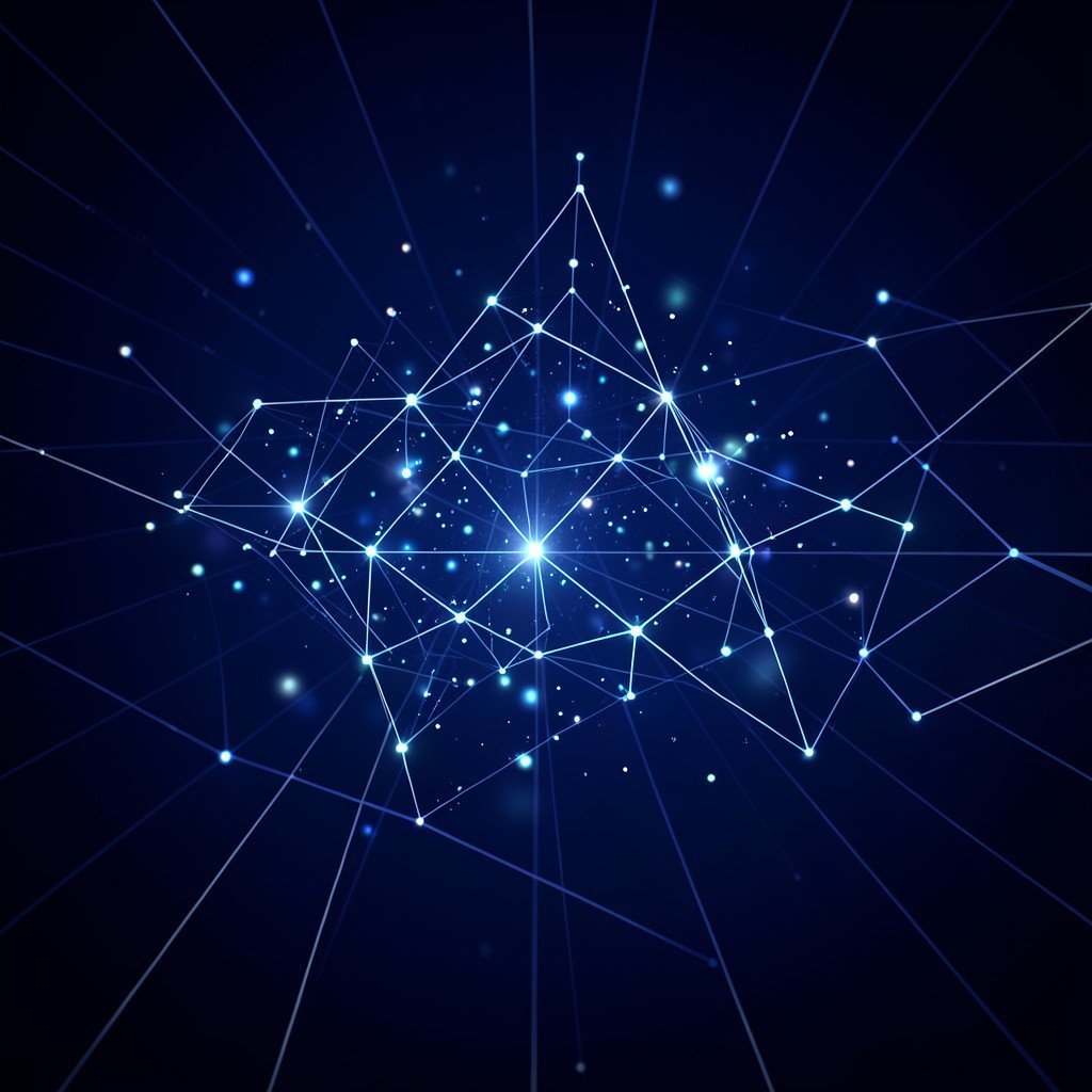 Abstract digital infrastructure representation glowing particles and grid lines on a dark blue background representation of cloud computing 4:3