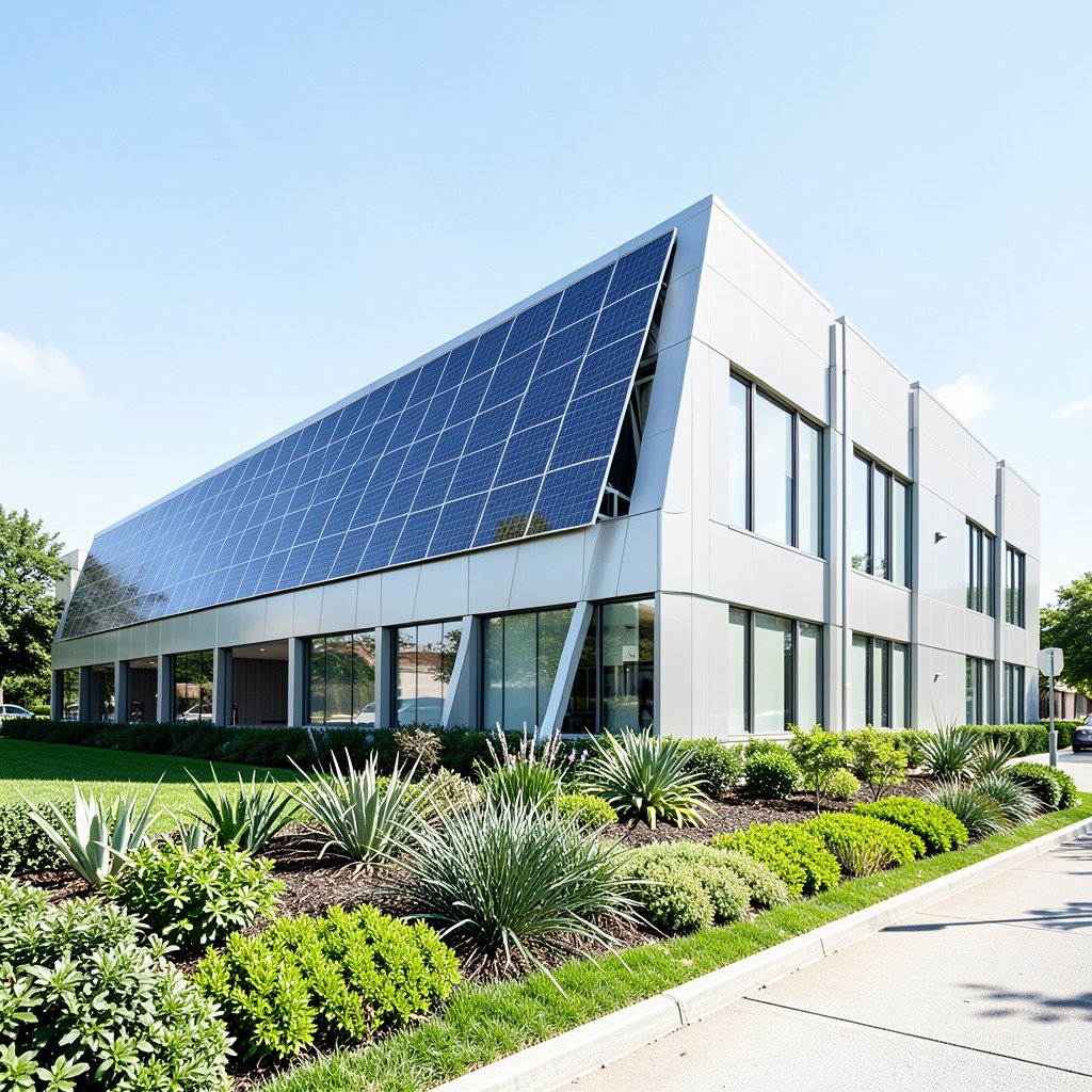 Exterior of a futuristic clean energy data center facility with solar panels and green landscaping bright daylight professional photography 4:3