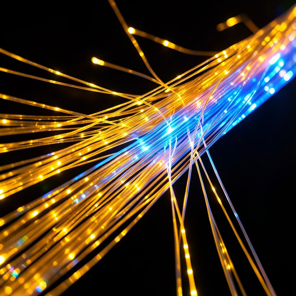 Conceptual art of high speed fiber optic cables glowing with warm golden and blue light conveying fast data transmission close up shot 4:3