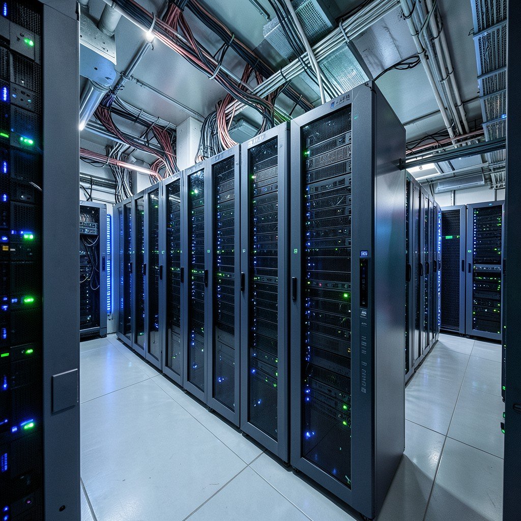 Interior of a high-tech data center, rows of glowing server racks with blue and green LED indicator lights, neatly organized cables, cooling systems, clean perspective, realistic lighting, 4:3