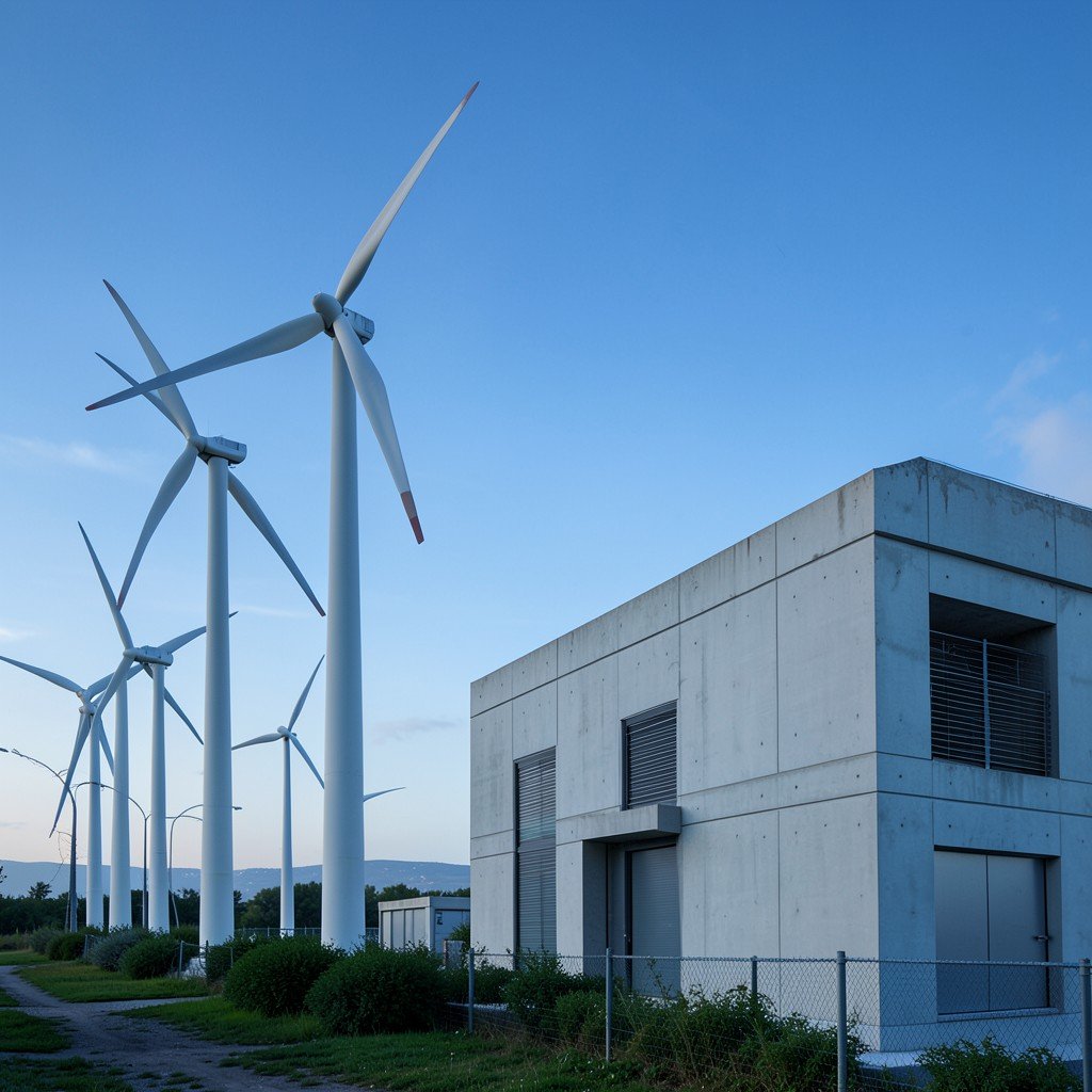 Clean energy wind turbines standing near a modern minimalist concrete server facility under a cool blue sky, sustainable technology concept, realistic photography, 4:3
