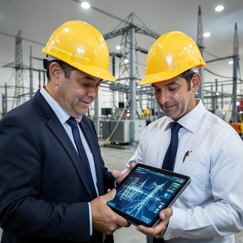 Professional engineers in safety helmets looking at digital blueprints of a power grid system on a tablet, electric substation in the background, professional and corporate lighting, 4:3