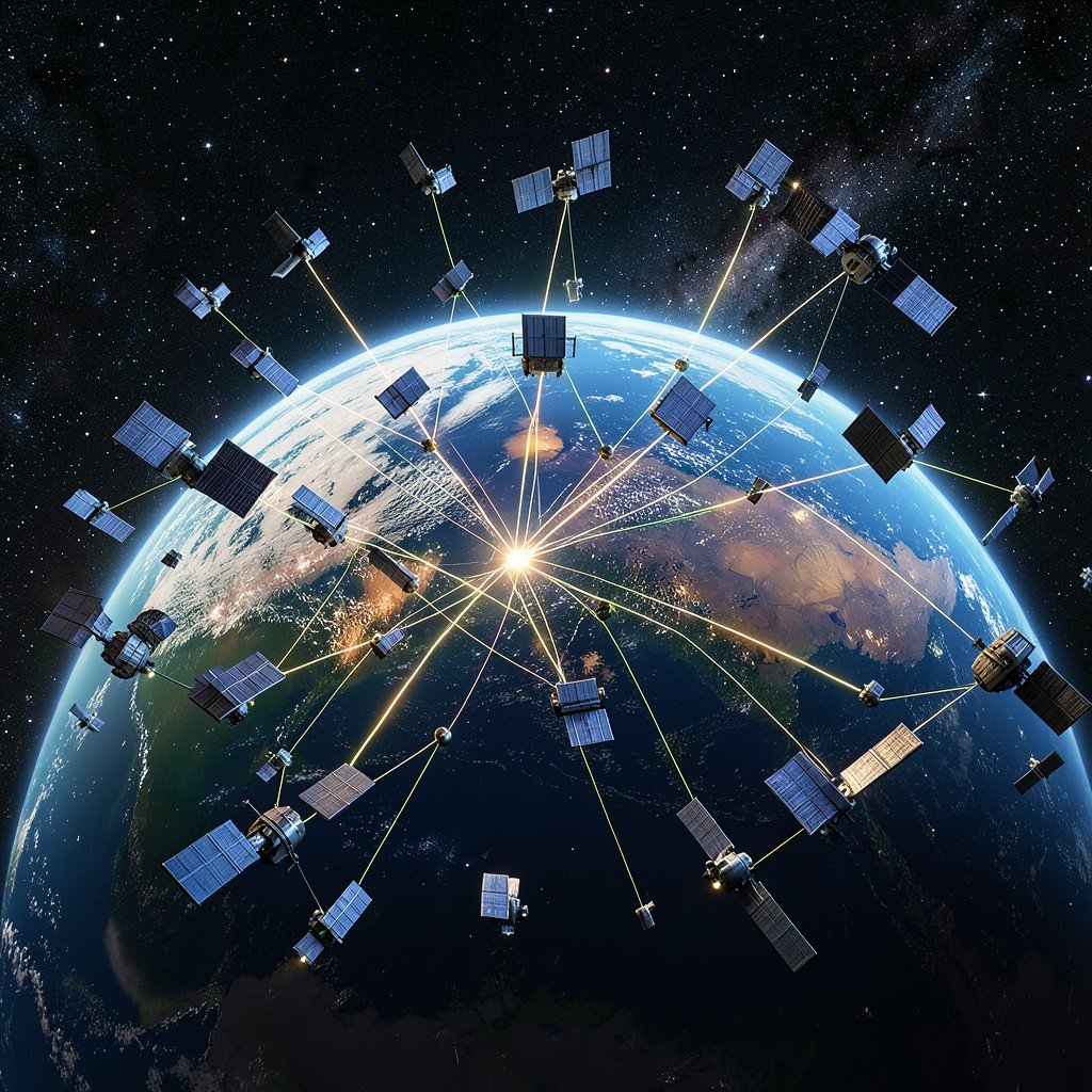 Dozens of small modern communication satellites orbiting Planet Earth, deep space background with stars, glowing signal lines connecting satellites, realistic CGI style, aspect ratio 4:3