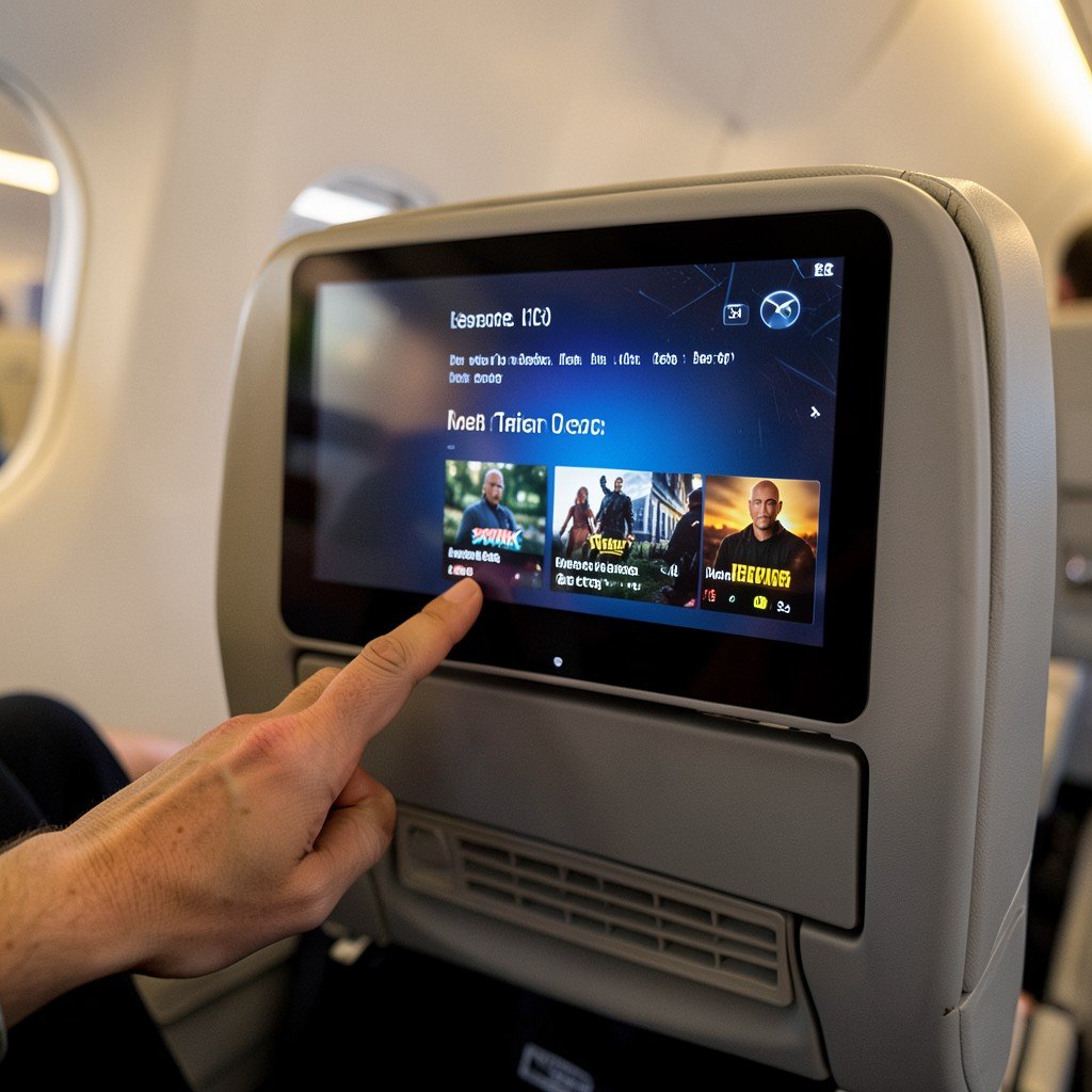 Modern airline seat back screen displaying an entertainment menu, soft cabin ambient light, passenger hand selecting a movie on the touchscreen, warm and clean travel setting, realistic photography style, aspect ratio 4:3