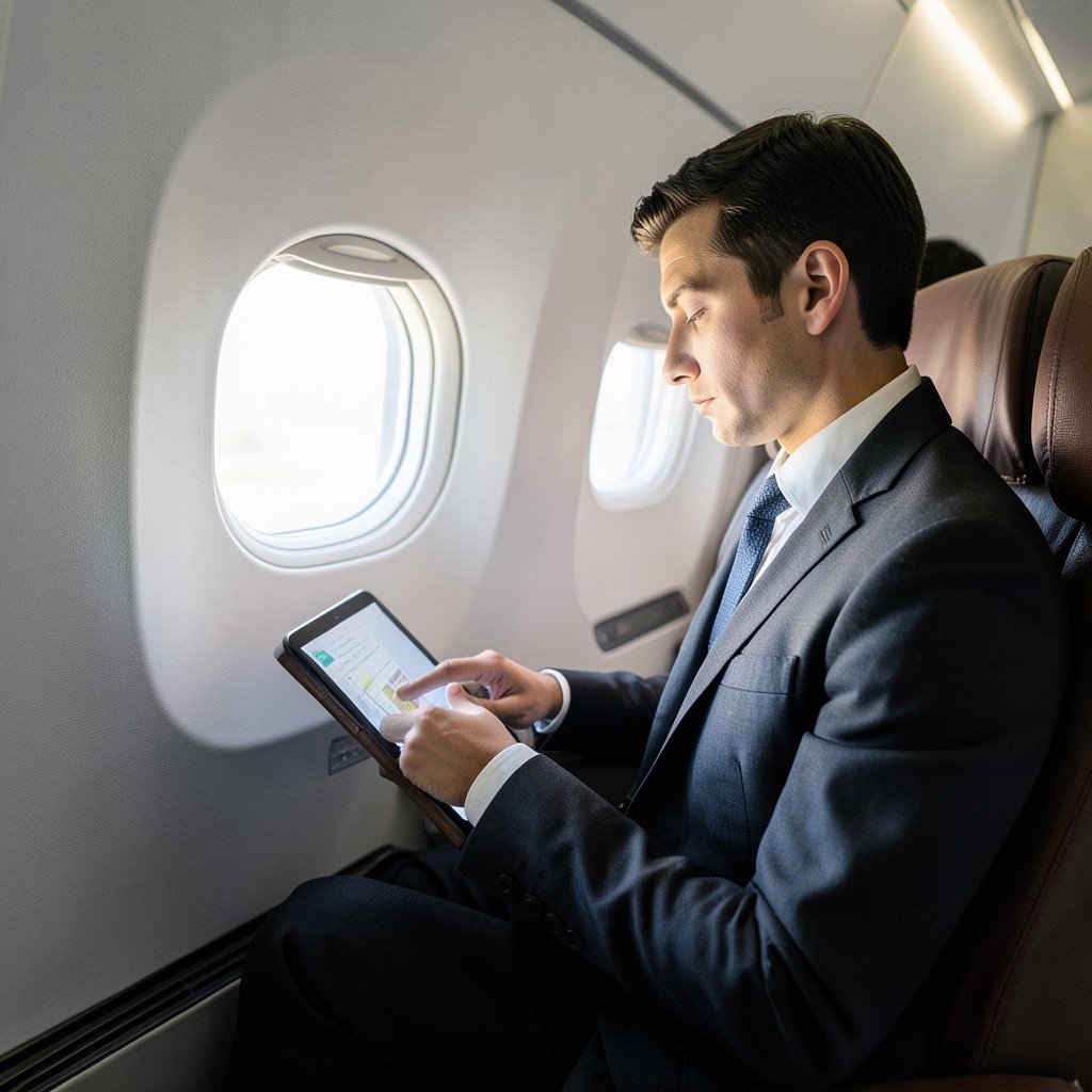 A business passenger working on a tablet device inside an airplane premium economy seat, modern comfortable cabin, soft daytime light from window, professional and focused atmosphere, realistic photography style, aspect ratio 4:3