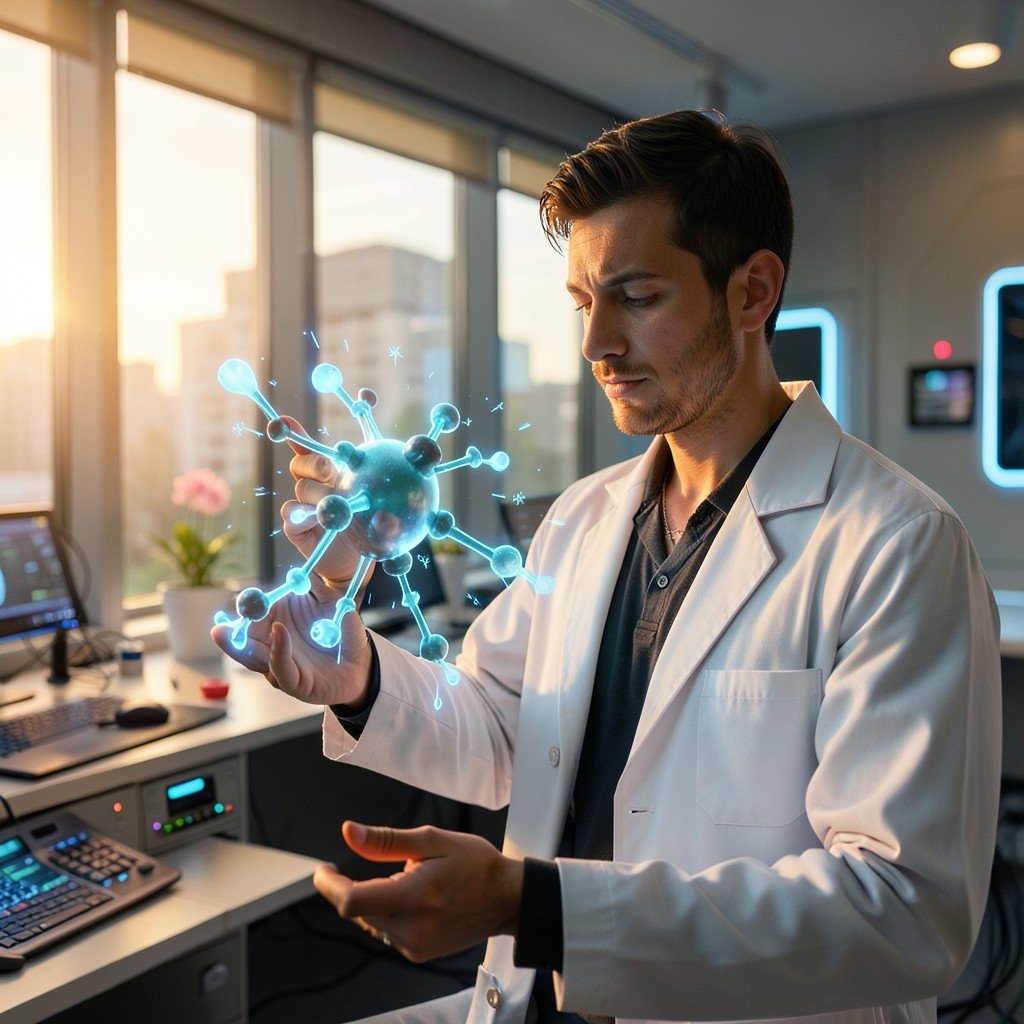 Scientist wearing a modern lab coat interacting with a glowing 3D digital twin of a molecule in a futuristic lab, lifestyle photography, warm lighting, natural setting, aspect ratio 4:3