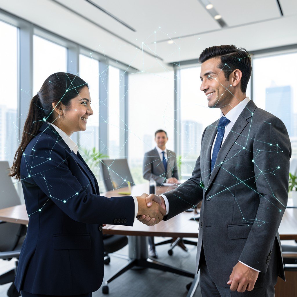 Business handshake in a modern boardroom with subtle glowing data network overlay, corporate lifestyle photography, bright balanced lighting, aspect ratio 1:1