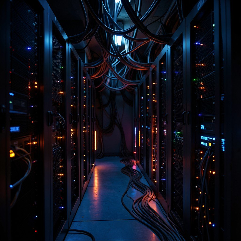 A dimly lit data center aisle with rows of blinking server racks illuminated by blue and orange LED lights, high-tech atmosphere, dense network cables, cinematic lighting, aspect ratio 4:3