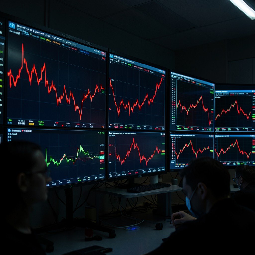 A digital stock market display showing downward trending red charts on multiple screens, a dimly lit trading room, serious and tense financial atmosphere, modern technology, aspect ratio 4:3