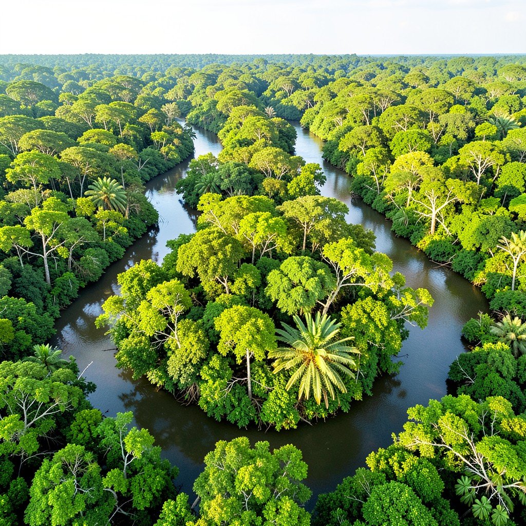 Aerial view of Sundarbans National Park mangrove forest with winding river channels, lush green foliage, vibrant ecosystem, natural lighting, high detail, aspect ratio 4:3