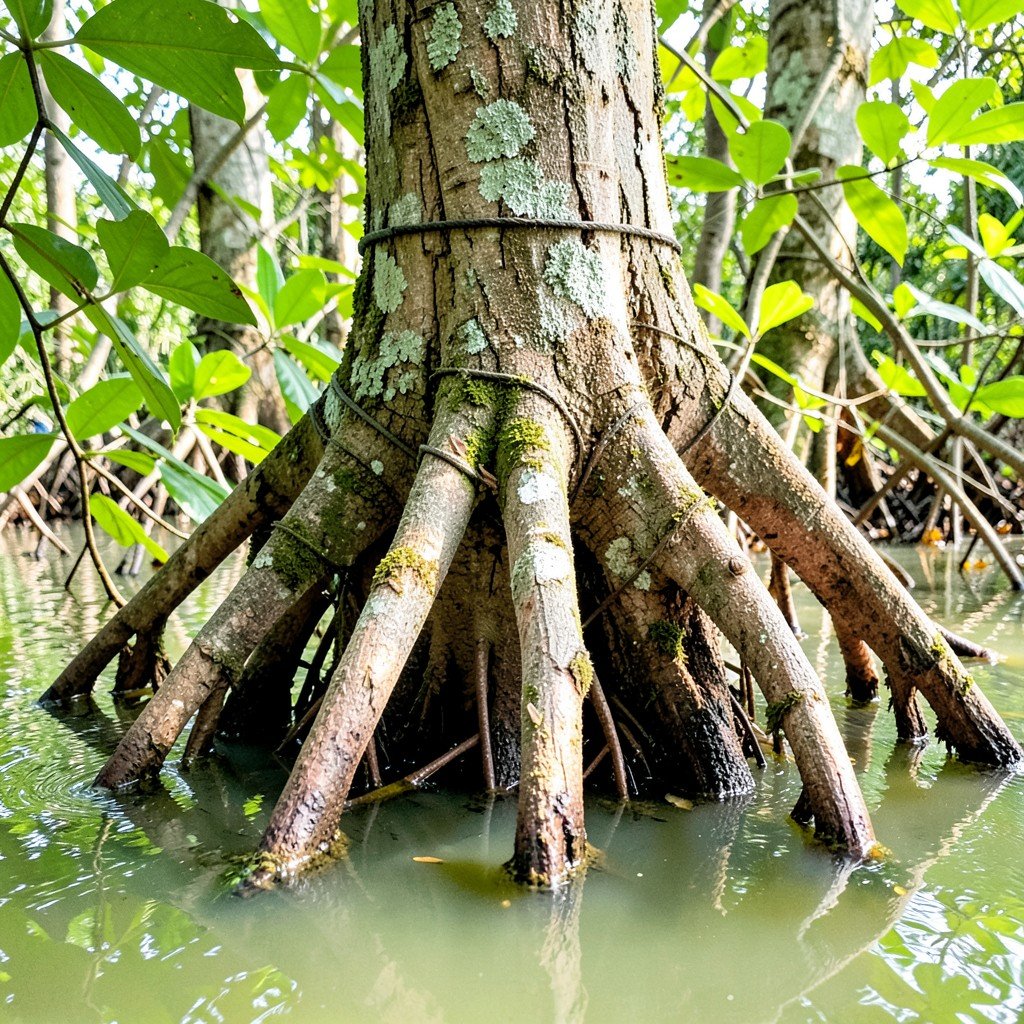 Close up of mangrove tree aerial roots emerging from brackish water, textured bark, green leaves, natural habitat of Sundarbans, bright balanced lighting, aspect ratio 1:1