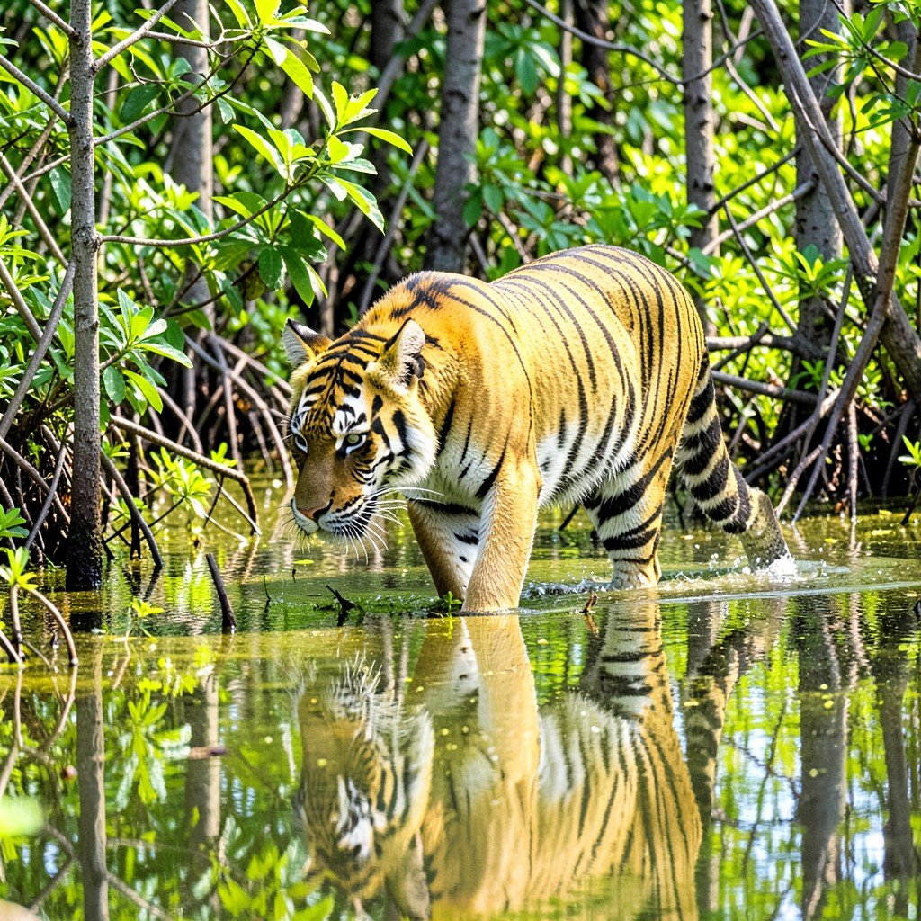 Bengal tiger walking through brackish water in mangrove swamp, focused expression, reflection on water, lush green background, natural wildlife photography, bright lighting, aspect ratio 4:3