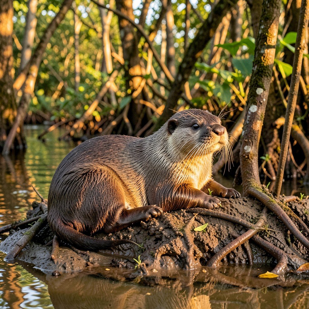 Smooth-coated otter resting on muddy bank in Sundarbans mangrove, wet fur, natural river environment, detailed wildlife shot, warm sunlight, aspect ratio 1:1