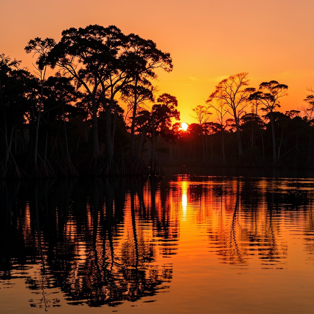 Sundarbans mangrove forest at sunset, silhouettes of trees against orange sky, calm river water reflecting light, peaceful atmosphere, aspect ratio 4:3