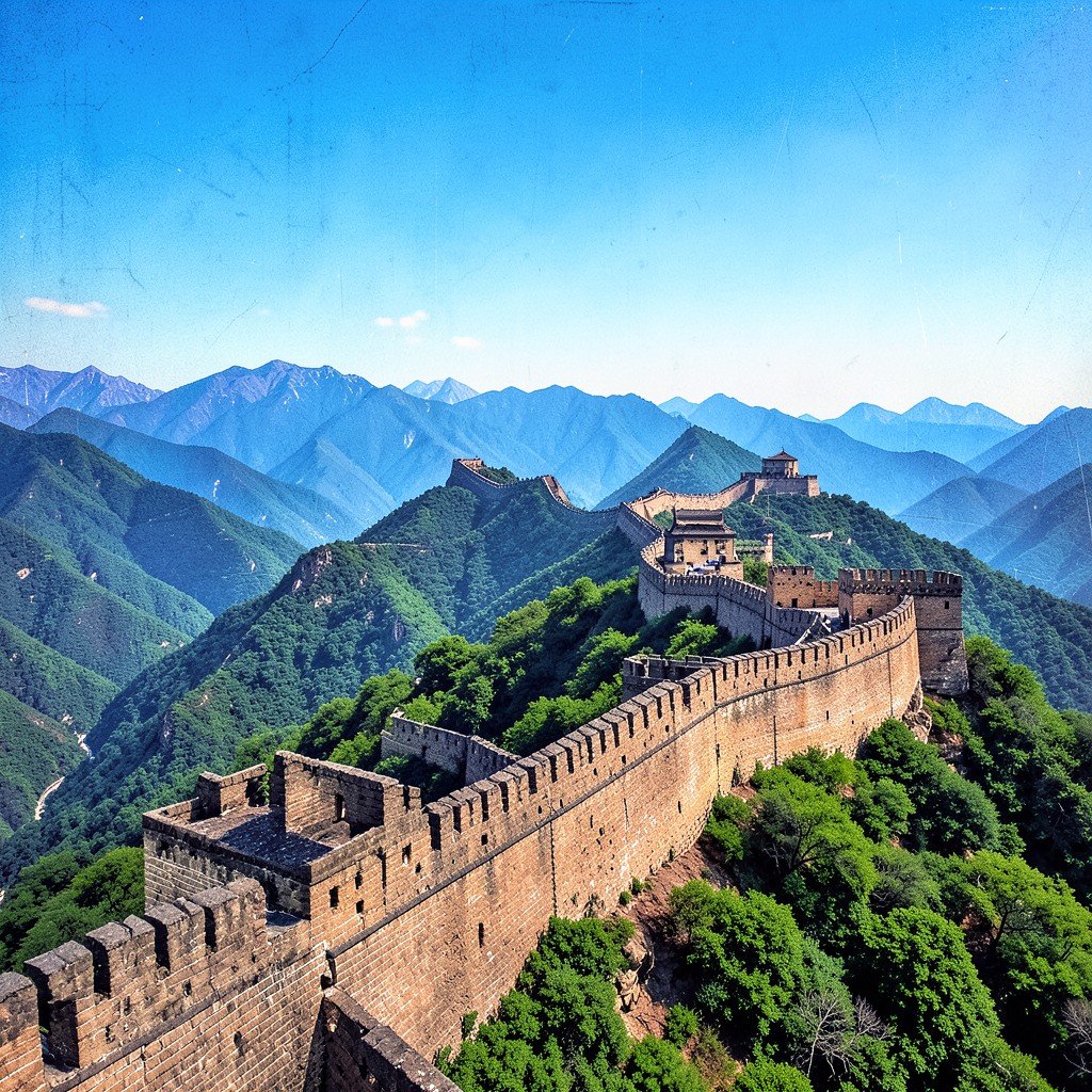 Wide panoramic view of the Great Wall of China winding through lush green mountains under a clear blue sky, majestic ancient architecture, History/Culture style, artistic rendering, textured background, aspect ratio 4:3