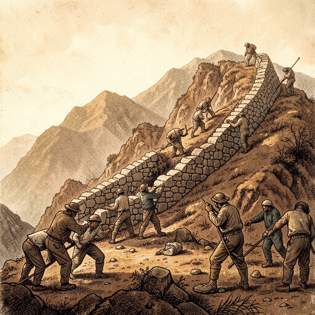 Ancient Chinese workers building a stone wall on a mountain ridge, historical illustration style, warm lighting, textured earthy background, History/Culture style, artistic rendering, aspect ratio 4:3